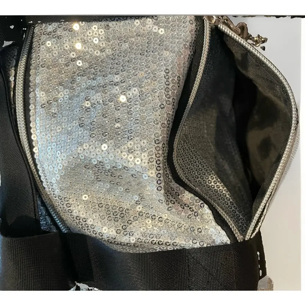Danz N Motion Dance Duffle Bag Silver Sequin Black Pom Pom Charm 13.5 X 8